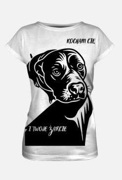 Koszulka z psem – „Kocham Cię. I Twoje żarcie.” | prezent dla psiarza. Zabawny nadruk z amstaffem.