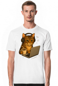 Kot z kawą i słuchawkami na uszach