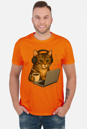 Kot z kawą i słuchawkami na uszach