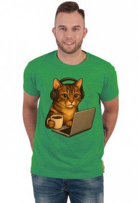 Kot z kawą i słuchawkami na uszach