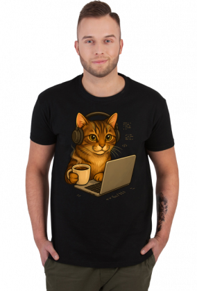 Kot z kawą i słuchawkami na uszach