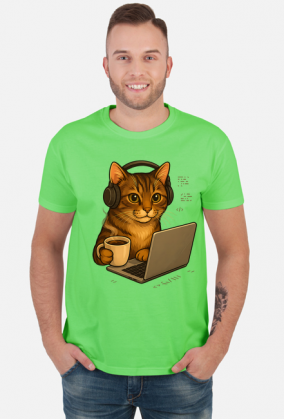 Kot z kawą i słuchawkami na uszach