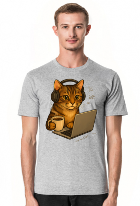 Kot z kawą i słuchawkami na uszach