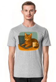 Kot siedzący na laptopie obok kubek kawy - IT Nerd Programming Humor