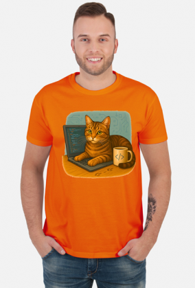 Kot siedzący na laptopie obok kubek kawy - IT Nerd Programming Humor