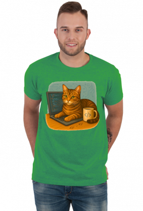 Kot siedzący na laptopie obok kubek kawy - IT Nerd Programming Humor