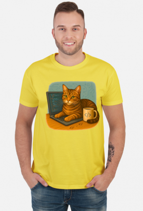 Kot siedzący na laptopie obok kubek kawy - IT Nerd Programming Humor