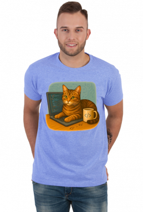 Kot siedzący na laptopie obok kubek kawy - IT Nerd Programming Humor