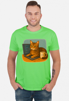 Kot siedzący na laptopie obok kubek kawy - IT Nerd Programming Humor