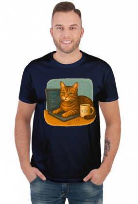 Kot siedzący na laptopie obok kubek kawy - IT Nerd Programming Humor