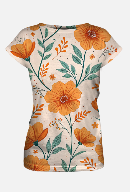 Koszulka Damska FullPrint – Pomarańczowe Kwiaty Floral Design