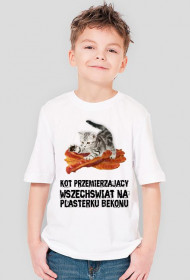 Koszulka biała dziecięca "Kot przemierzający wszechświat na plasterku bekonu"