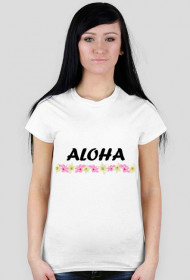 ALOHA t-shirt w kwiecisty wzór. Kwiaty, Hawaje, róż.