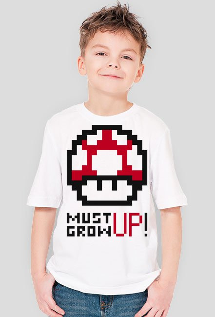 Koszulka T-shirt z nadrukiem dla chłopca Mario Czerwony Grzybek Must Grow Up Musi Urosnąć