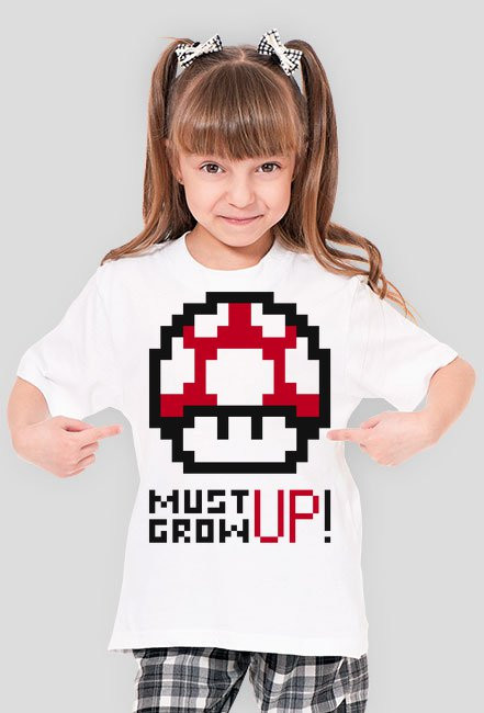 Koszulka T-shirt z nadrukiem dla dziewczynki Mario Czerwony Grzybek Must Grow Up Musi Urosnąć
